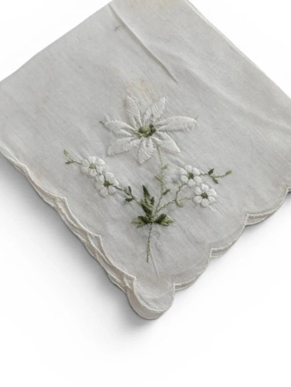 VINTAGE Hankerchief Embroidered White Linen Green Floral Design
